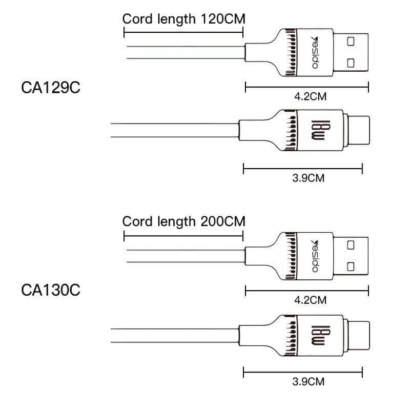 کابل تایپ سی فست شارژ Yesido CA129 3A 18W 1.2m