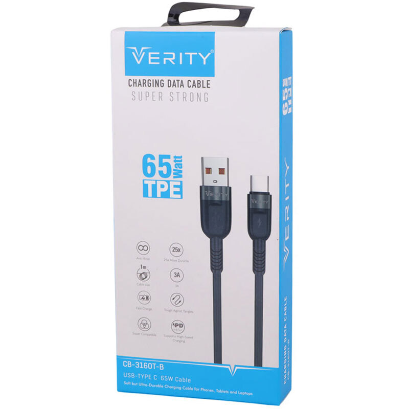 کابل تایپ سی فست شارژ Verity CB-3160T-B PD 3A 65W 1m