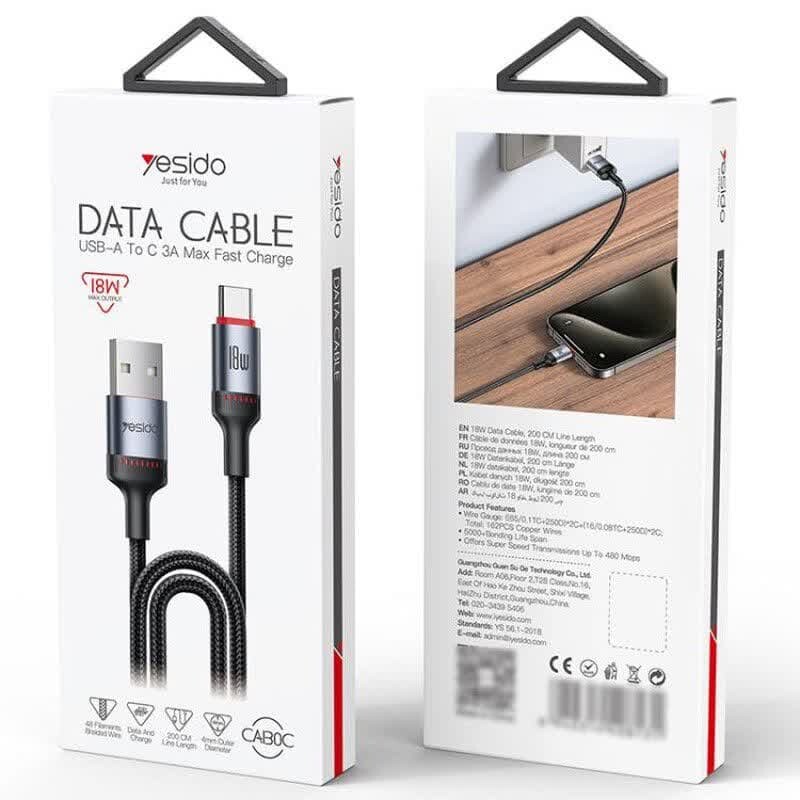 کابل تایپ سی فست شارژ Yesido CA130 3A 18W 2m
