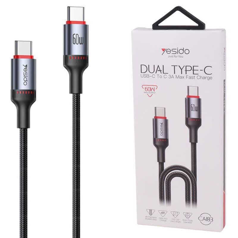 کابل تبدیل فست شارژ Yesido CA183 Type-C To Type-C 3A PD 60W 2m