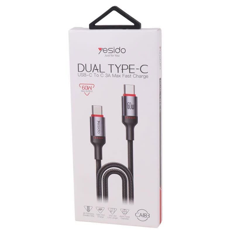 کابل تبدیل فست شارژ Yesido CA183 Type-C To Type-C 3A PD 60W 2m