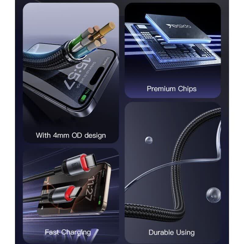 کابل تبدیل فست شارژ Yesido CA183 Type-C To Type-C 3A PD 60W 2m