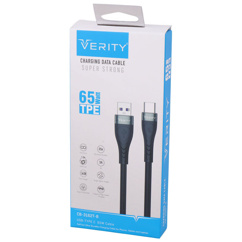 کابل تایپ سی فست شارژ Verity CB-3162T-B 3A PD 65W 1.2m
