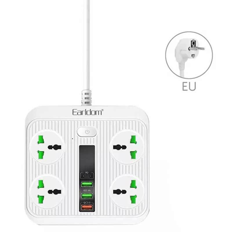چند راهی 4 خانه ارت دار ارلدام ES-SC05 با کابل 2 متری + شارژر USB و Type-C