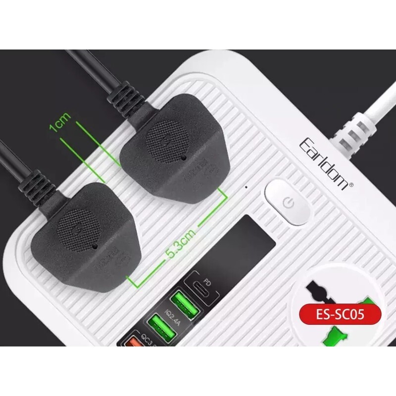 چند راهی 4 خانه ارت دار ارلدام ES-SC05 با کابل 2 متری + شارژر USB و Type-C