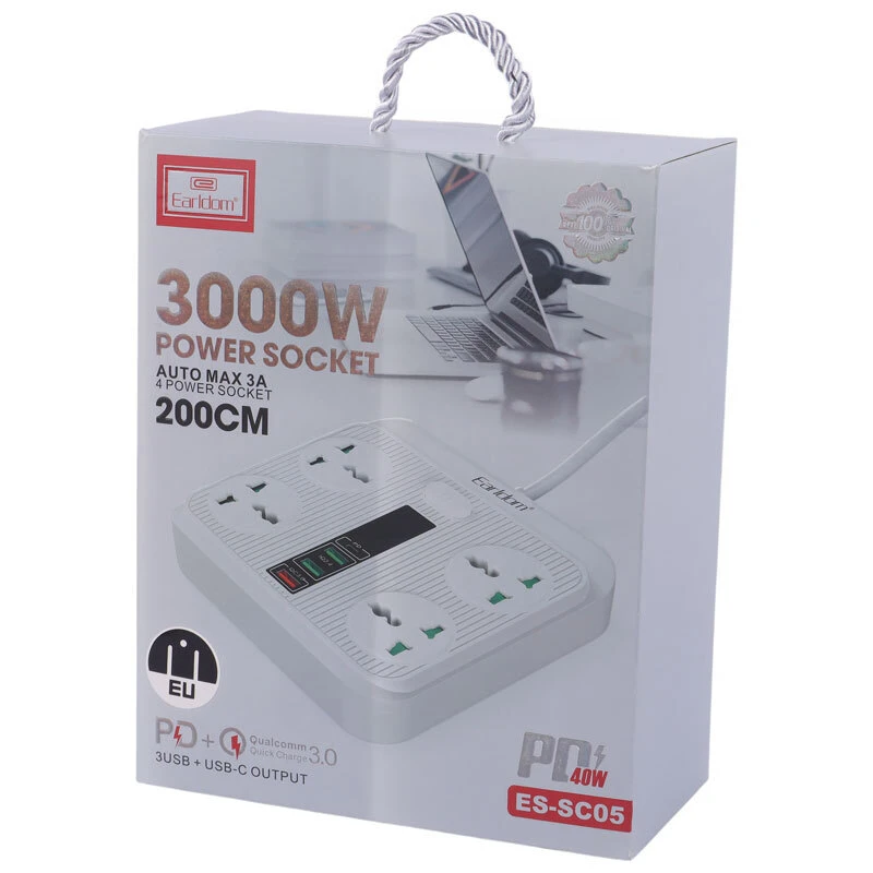 چند راهی 4 خانه ارلدام ES-SC05 با کابل 2 متری + شارژر USB و Type-C
