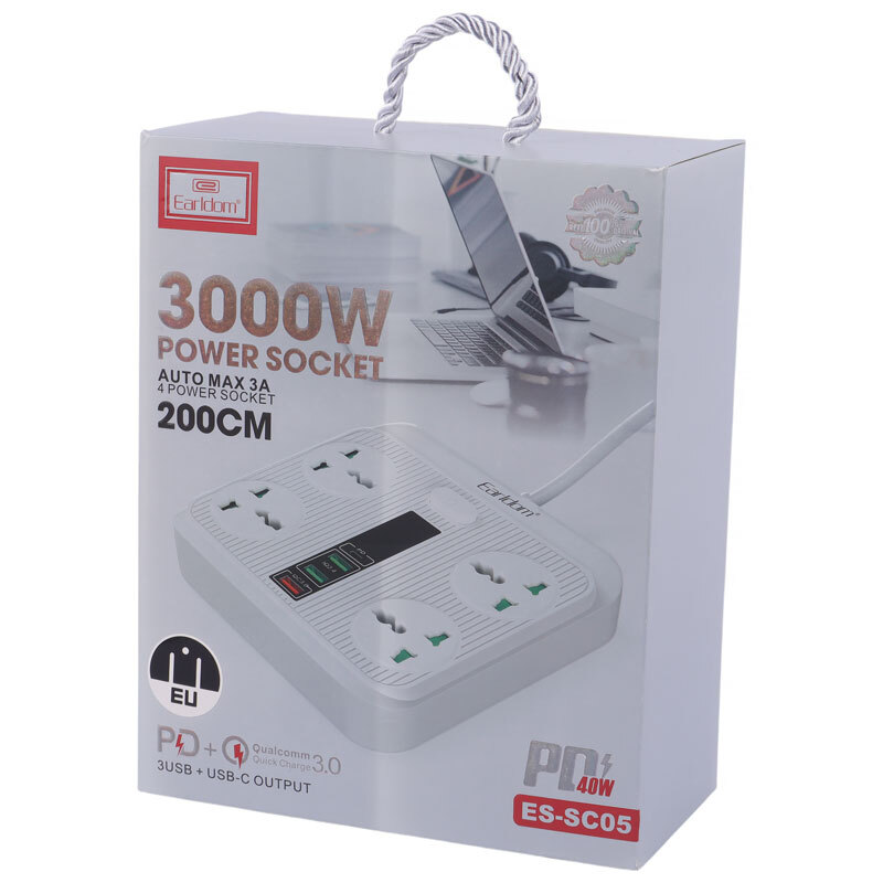 چند راهی 4 خانه ارت دار ارلدام ES-SC05 با کابل 2 متری + شارژر USB و Type-C