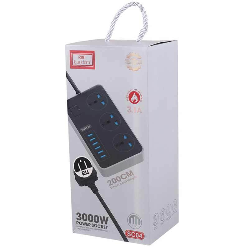 چند راهی 3 خانه ارت دار ارلدام ES-SC04 با کابل 2 متری + شارژر USB