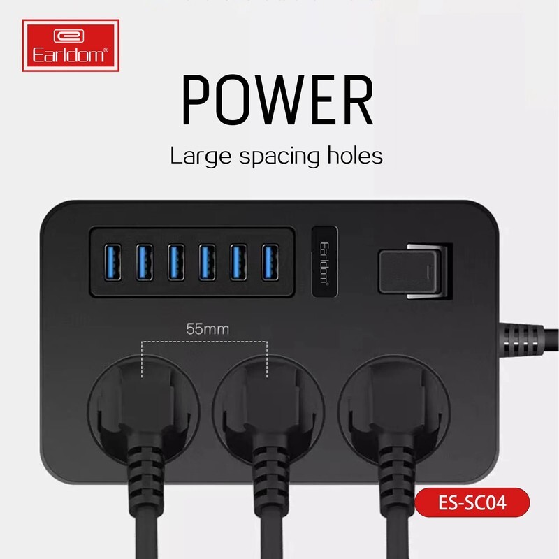 چند راهی 3 خانه ارت دار ارلدام ES-SC04 با کابل 2 متری + شارژر USB