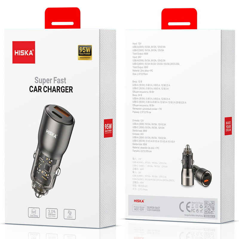 شارژر فندکی فست شارژ Hiska HCC-329 3A QC3.0 PD 65W