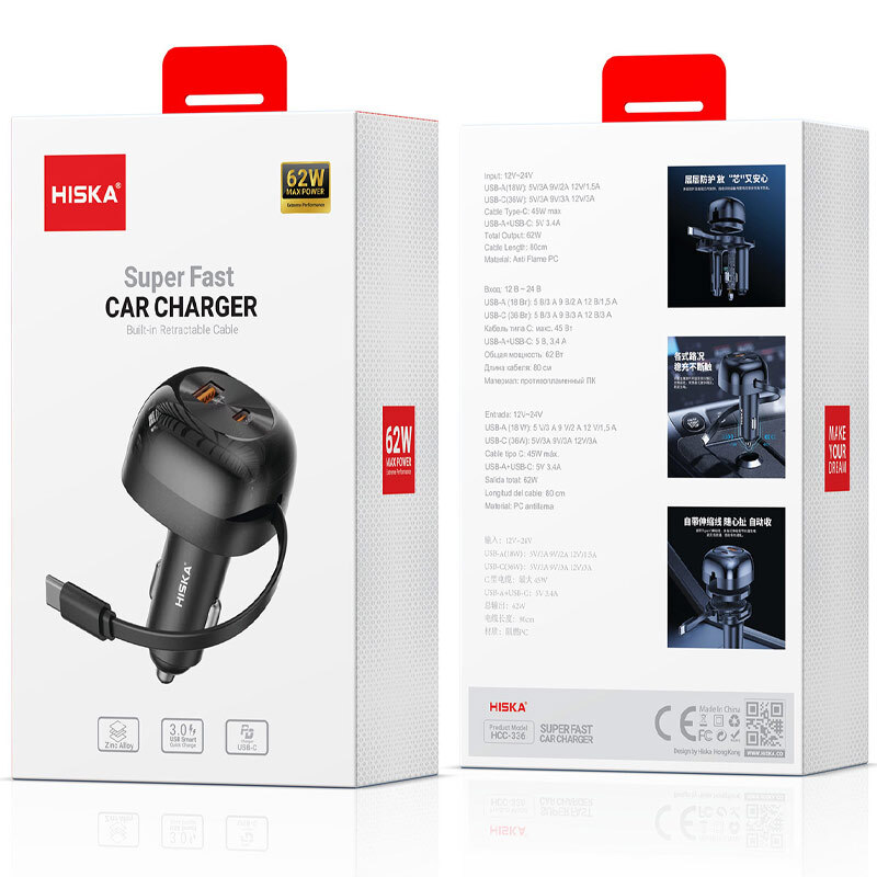شارژر فندکی فست شارژ Hiska HCC-336 3A QC3.0 PD 45W