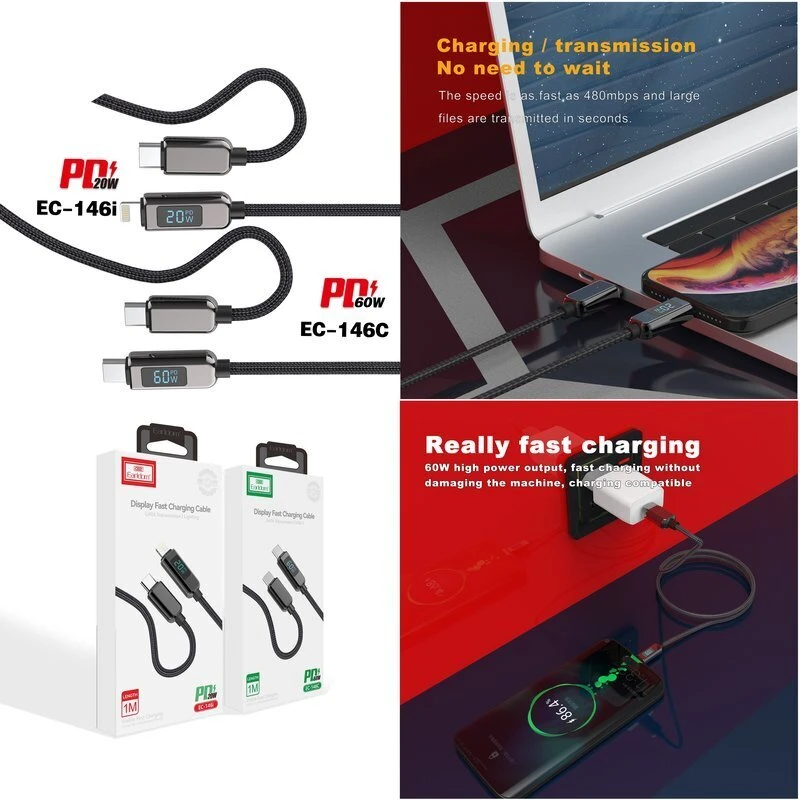 کابل دو سر تایپ سی فست شارژ 60 وات ارلدام EC-146C طول 1 متر
