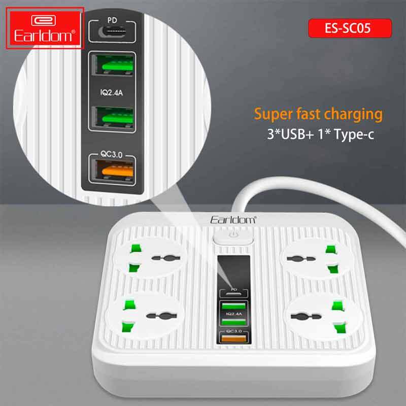 چند راهی 4 خانه ارت دار ارلدام ES-SC05 با کابل 2 متری + شارژر USB و Type-C