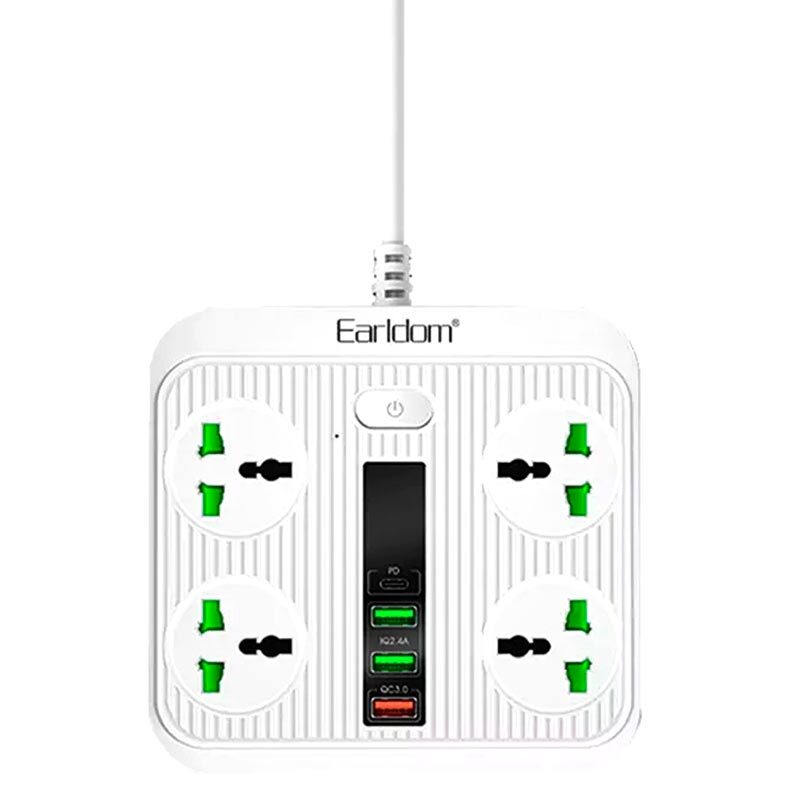 چند راهی 4 خانه ارت دار ارلدام ES-SC05 با کابل 2 متری + شارژر USB و Type-C