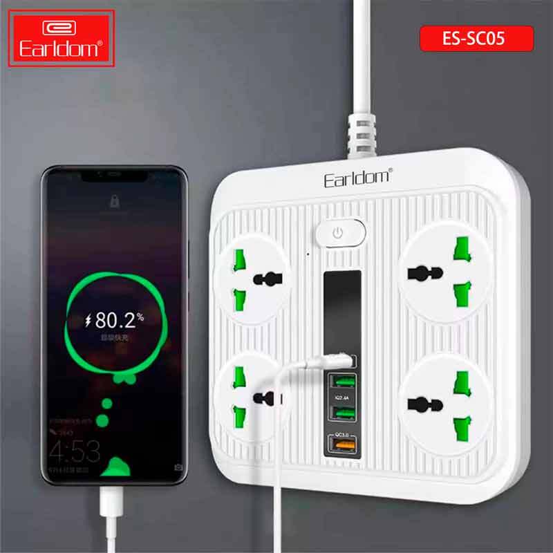 چند راهی 4 خانه ارت دار ارلدام ES-SC05 با کابل 2 متری + شارژر USB و Type-C