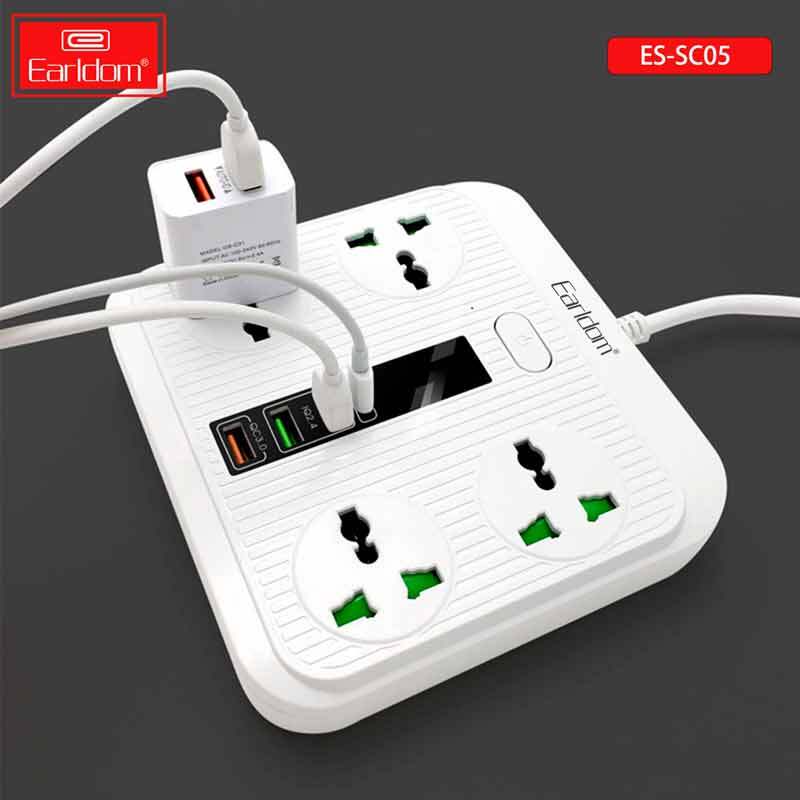 چند راهی 4 خانه ارت دار ارلدام ES-SC05 با کابل 2 متری + شارژر USB و Type-C