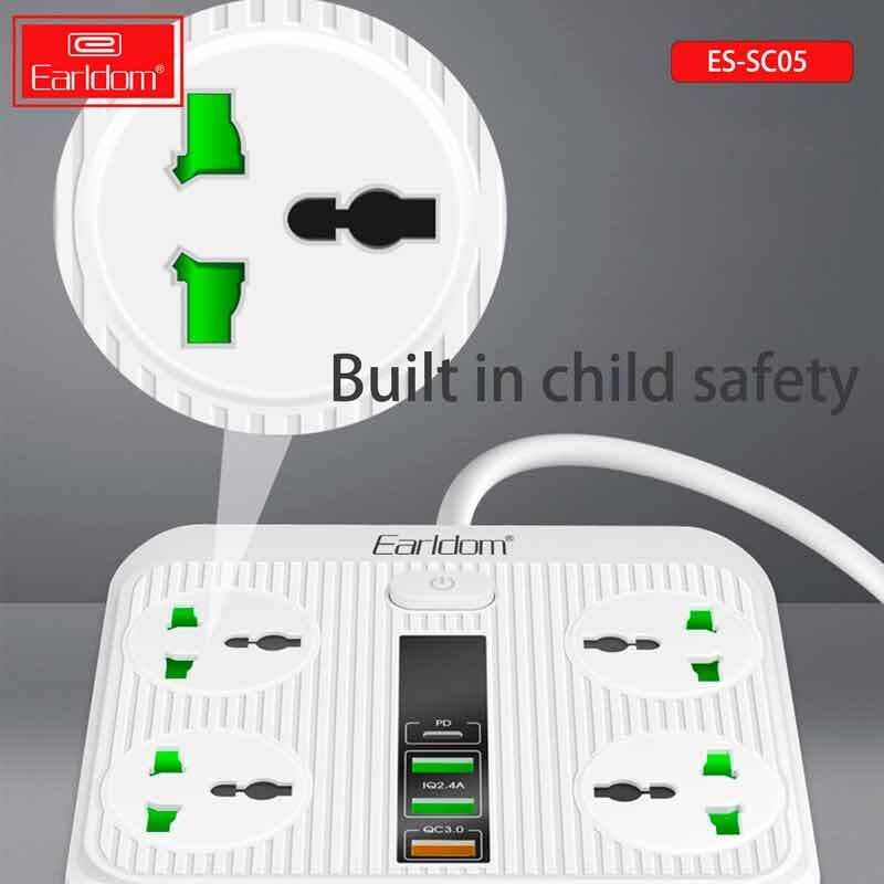 چند راهی 4 خانه ارت دار ارلدام ES-SC05 با کابل 2 متری + شارژر USB و Type-C