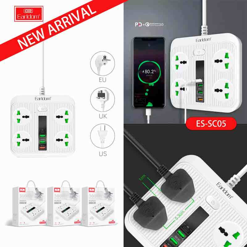 چند راهی 4 خانه ارت دار ارلدام ES-SC05 با کابل 2 متری + شارژر USB و Type-C