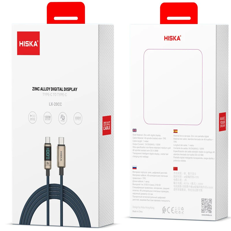 کابل دو سر تایپ سی فست شارژ 100 وات هیسکا LX-20CC طول 1 متر