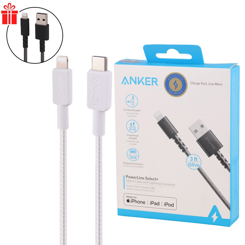 کابل تبدیل فست شارژ Anker A81B6 Type-C To Lightning PD 60W 1.8m + کابل هدیه
