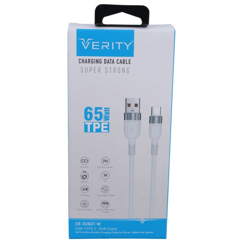 کابل تایپ سی فست شارژ 65 وات وریتی CB-3160T-B طول 1 متر