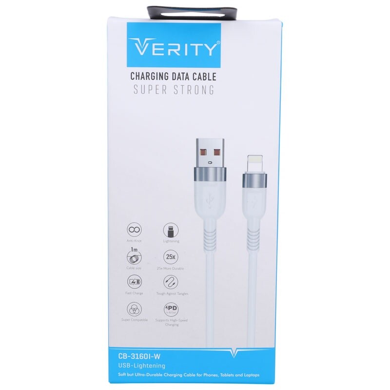 کابل آیفونی فست شارژ Verity CB-3160I-W 3A PD 65W 1m