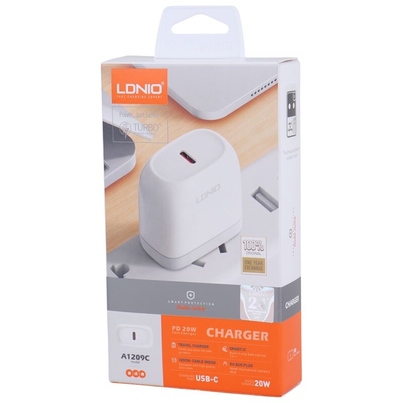 شارژر دیواری 20 وات الدینیو A1209C PD 3A + کابل تبدیل آیفونی