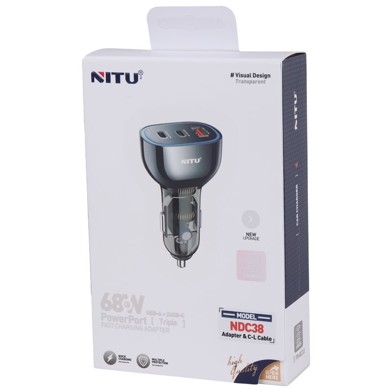 شارژر فندکی فست شارژ Nitu NDC38 3A QC3.0 PD 25W + کابل تبدیل آیفونی