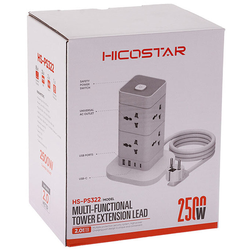چند راهی 8 خانه برق هایکو استار HS-PS322 با کابل 2 متری + شارژر USB و Type-C