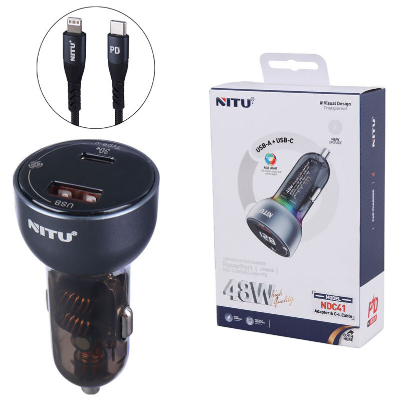 شارژر فندکی فست شارژ Nitu NDC41 3A QC3.0 PD 30W + کابل تبدیل آیفونی