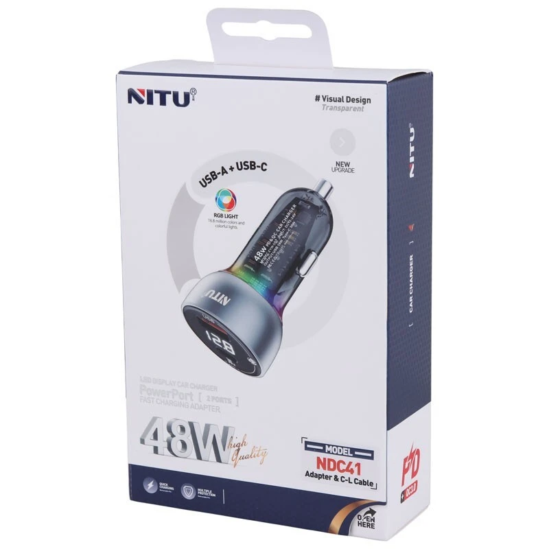 شارژر فندکی 30 وات نیتو NDC41 + کابل تبدیل آیفونی