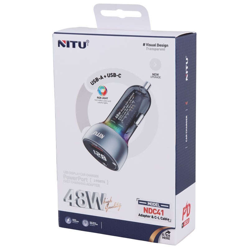 شارژر فندکی فست شارژ Nitu NDC41 3A QC3.0 PD 30W + کابل تبدیل آیفونی