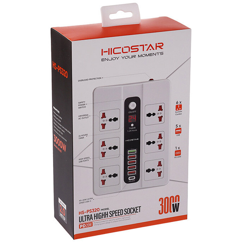 چند راهی 6 خانه برق هایکو استار HS-PS320 با کابل 2 متری + شارژر USB و Type-C