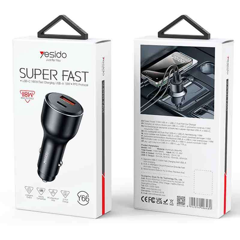 شارژر فندکی فست شارژ Yesido Y65 PD 5A 100W
