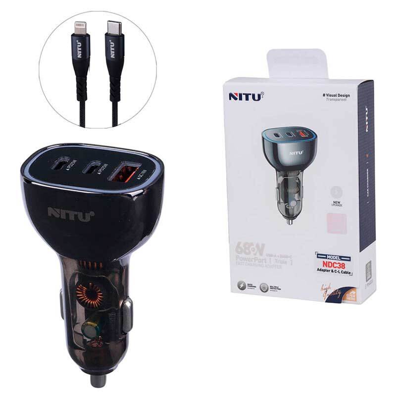 شارژر فندکی فست شارژ Nitu NDC38 3A QC3.0 PD 25W + کابل تبدیل آیفونی