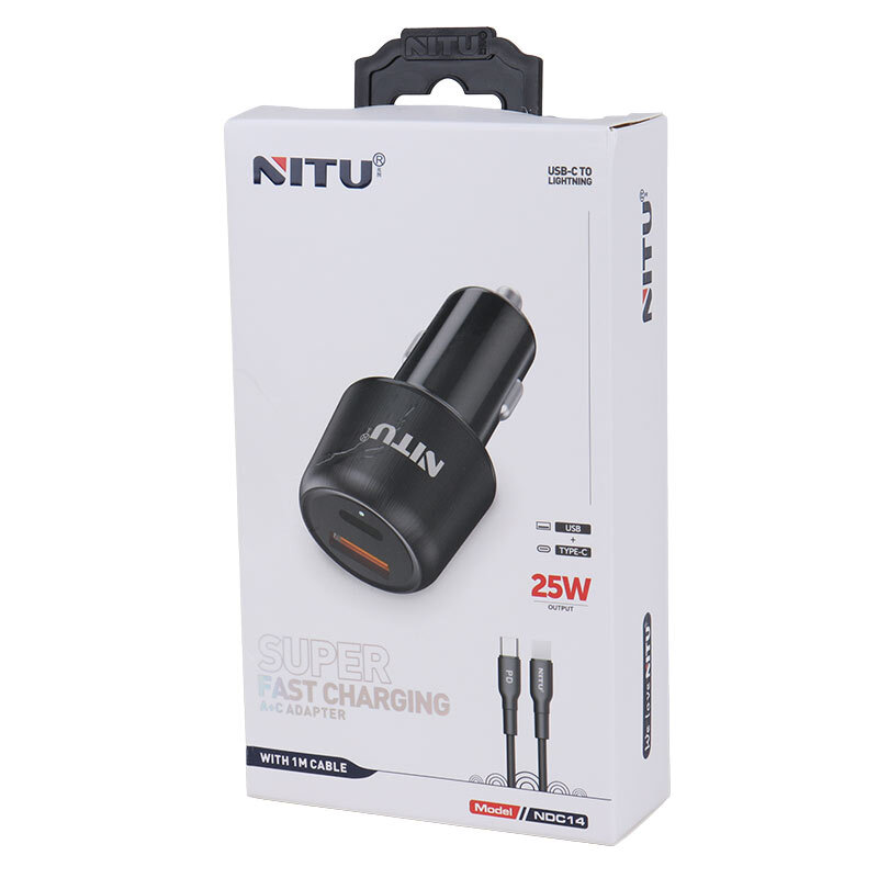 شارژر فندکی فست شارژ Nitu NDC14 3A QC3.0 PD 25W + کابل تبدیل آیفونی