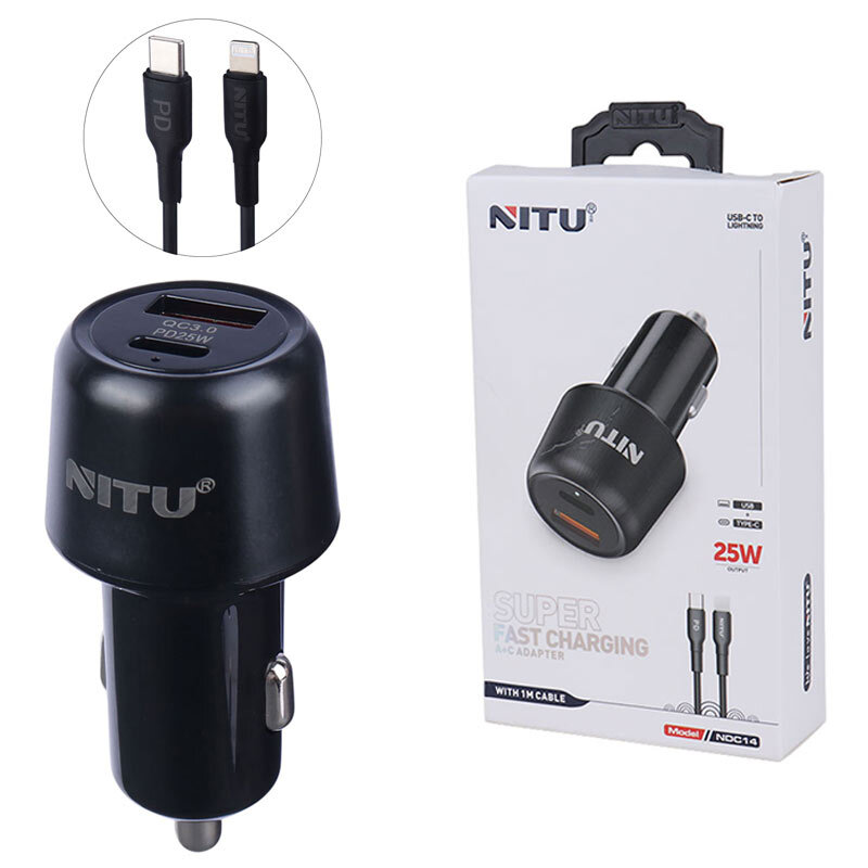شارژر فندکی فست شارژ Nitu NDC14 3A QC3.0 PD 25W + کابل تبدیل آیفونی