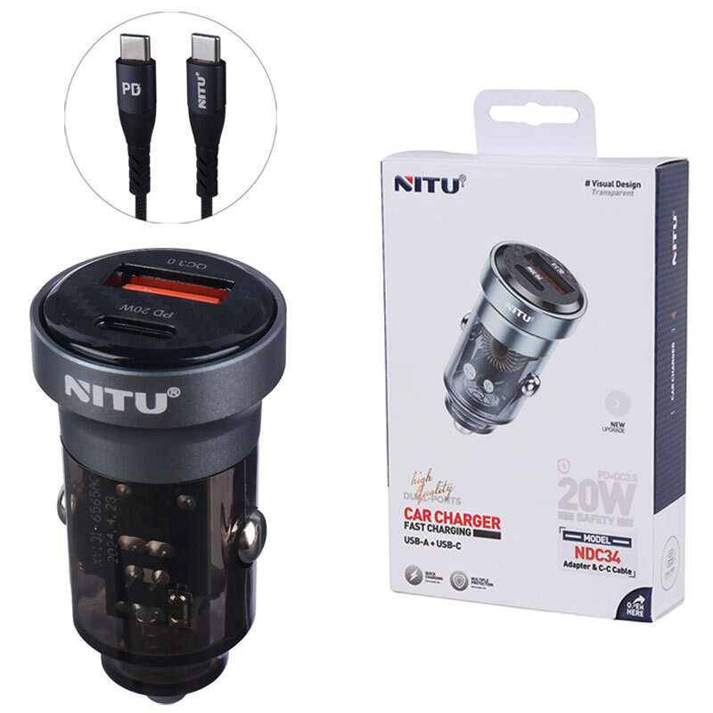 شارژر فندکی فست شارژ Nitu NDC34 3A QC3.0 PD 20W + کابل تایپ سی