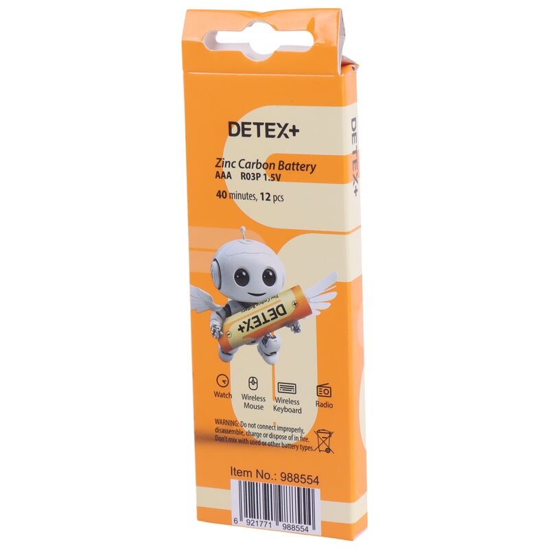 باتری چهارتایی نیم قلمی Detex+ Zinc Carbon R03P 1.5V AAA بسته 12 عددی شرینک