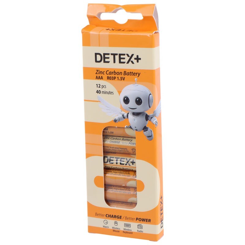 باتری چهارتایی نیم قلمی Detex+ Zinc Carbon R03P 1.5V AAA بسته 12 عددی شرینک