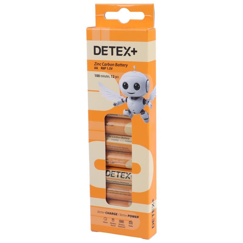 باتری چهارتایی قلمی Detex+ Zinc Carbon R6P 1.5V AA بسته 12 عددی