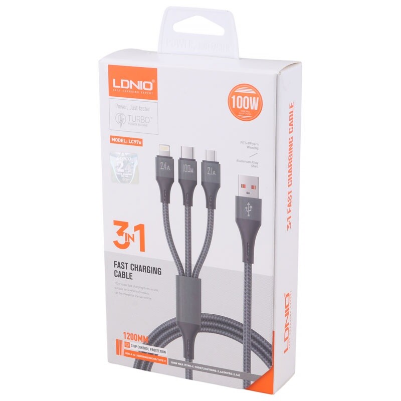 کابل 3 سر فست شارژ Ldnio LC97U 2.4A 100W 1.2m