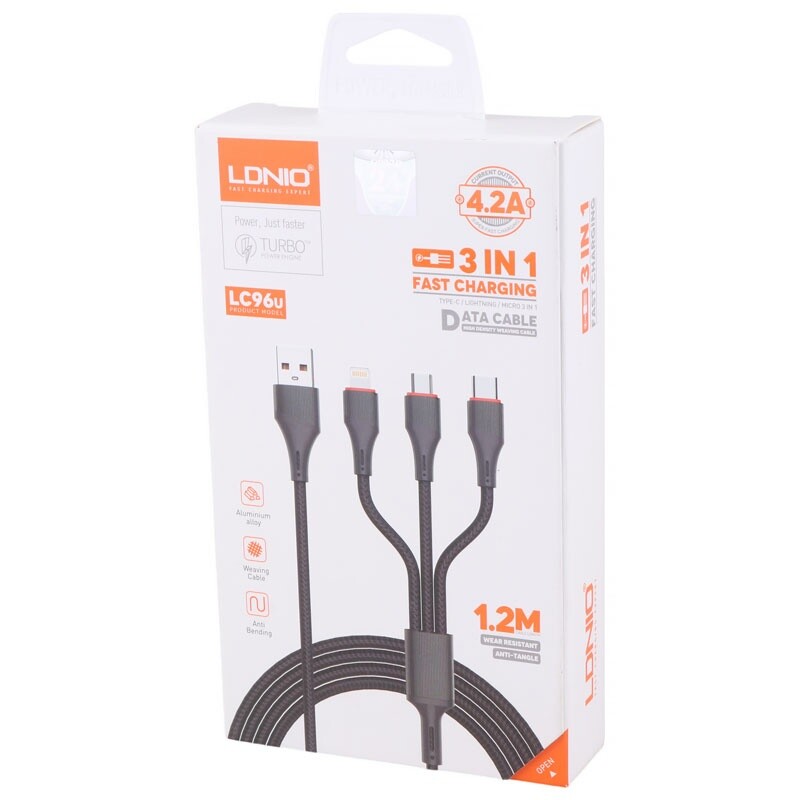 کابل 3 سر فست شارژ Ldnio LC96U 4.2A 1.2m