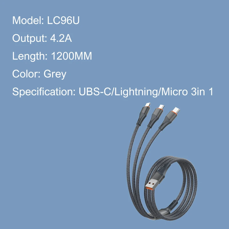 کابل 3 سر فست شارژ Ldnio LC96U 4.2A 1.2m