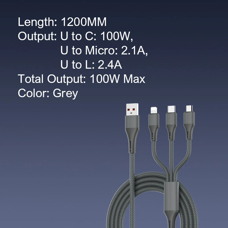 کابل 3 سر فست شارژ Ldnio LC97U 2.4A 100W 1.2m