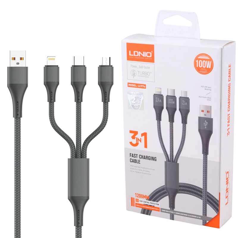 کابل 3 سر فست شارژ Ldnio LC97U 2.4A 100W 1.2m