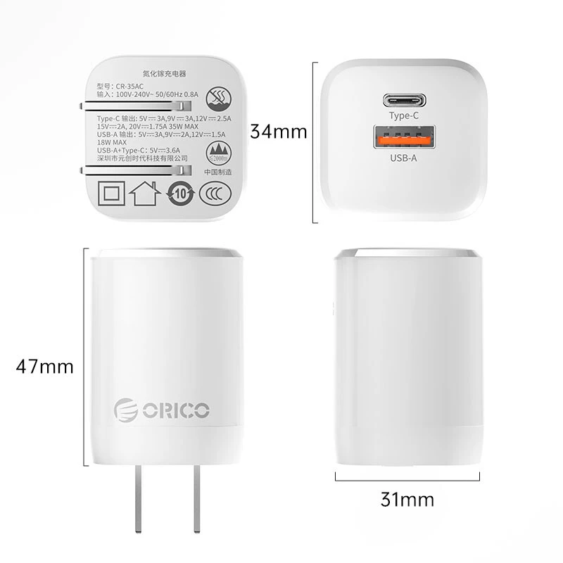 شارژر دیواری 35 وات اوریکو CR-35AC-C-US GaN QC3.0 PD 3A + کابل تایپ سی