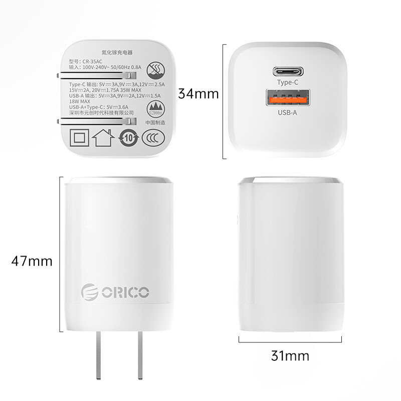 شارژر دیواری 35 وات اوریکو CR-35AC-C-US GaN QC3.0 PD 3A + کابل تایپ سی