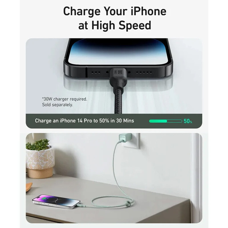 کابل تبدیل فست شارژ Anker A80b5 Type-C To Lightning PD 60W 0.9m