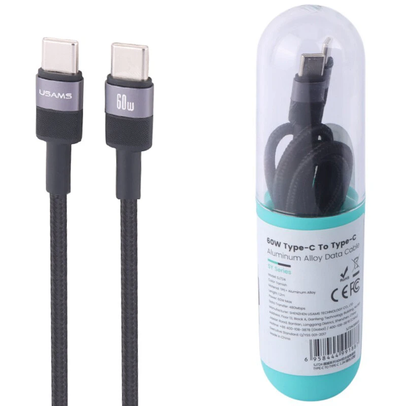 کابل دو سر تایپ سی فست شارژ 60 وات یوسامز SY SJ724 طول 1.2 متر کد 2